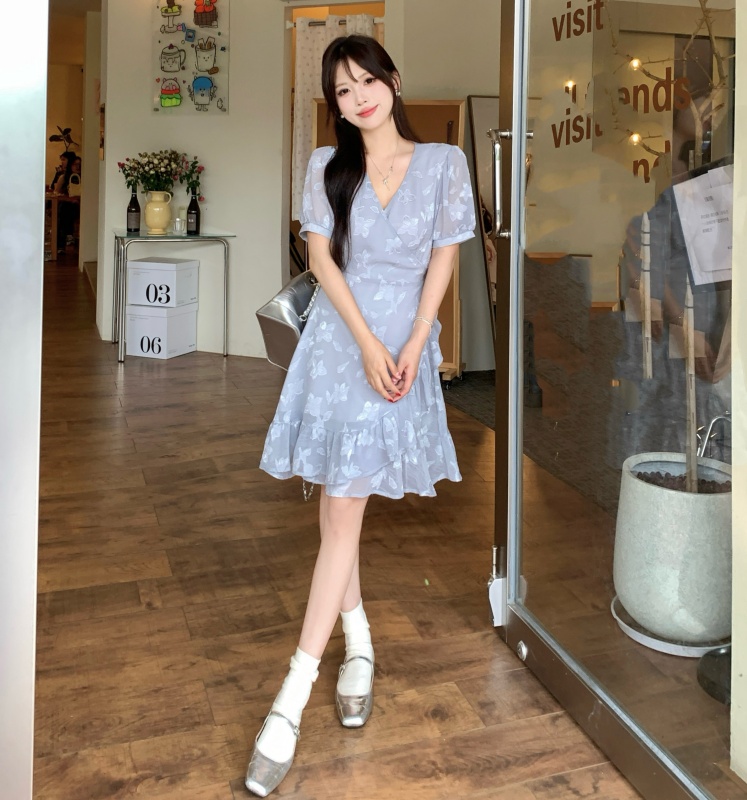 실사 빅 사이즈 여성 의류 지방 mm 여름 드레스 새로운 프랑스식 낭만주의 하나 슬라이스 허리 수축 슬림해 보이는 프릴 드레스