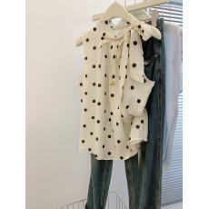 批发实拍 2026新款品质巨好蝴蝶结绑带挂脖<b class='q'>波点</b><b class='q'>雪纺</b><b class='q'>衫</b>无袖上衣