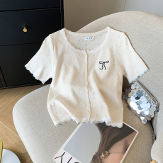 实拍 大货 2026夏季新款设计感镂空圆领短袖T恤短款冰丝针织衫女