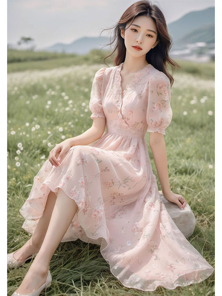 핑크색 꽃무늬 드레스 부드러운 바람 차 휴식 프랑스식 고급 아름다운 첫사랑 품격 허리 수축 요정 치마 여름