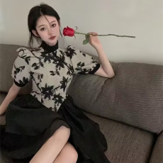 批发2026夏季新款改良旗袍短袖雪纺<b class='q'>连衣裙</b><b class='q'>女</b>装中式拼接裙子