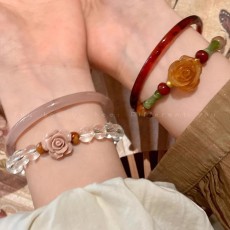 批发新中式中古风套装玫瑰花手镯手链女透明水晶串珠手串手饰品