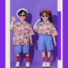 批发2024夏季六一<b class='q'>儿童</b>节<b class='q'>表演</b><b class='q'>服装</b>韩版翻领碎花衬衫短袖上衣防晒衫外套