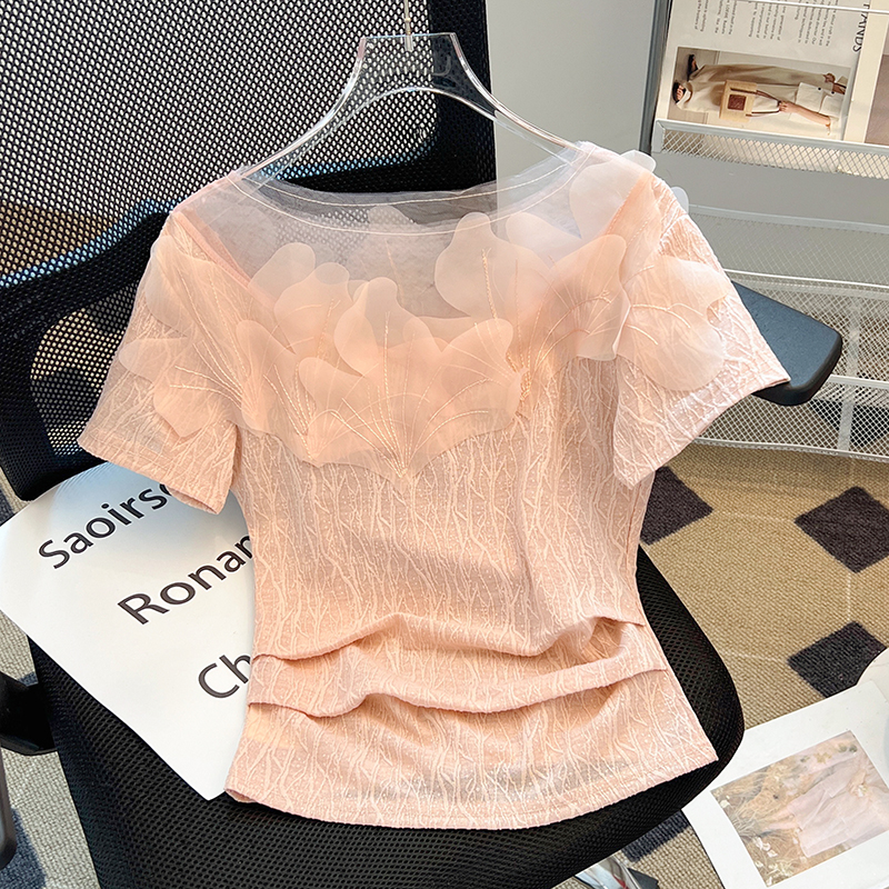 LN41658# 新款韩版甜美减龄短袖衬衣立体花瓣设计感上衣夏 服裝批發女裝批發服飾貨源
