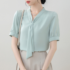 实拍 气质飘带短袖衬衫女夏季雪纺上衣2026新款高级感白色衬衣