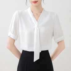 实拍 气质飘带短袖衬衫女夏季雪纺上衣2026新款高级感白色衬衣