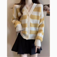批发2024秋季品<b class='q'>哥</b><b class='q'>弟</b>新羊毛条纹毛衣女外搭胖妹妹宽松羊绒<b class='q'>开衫</b>外套上衣