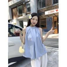 批发实拍实价~韩系小众法式无袖挂脖背心衬衫吊带上衣