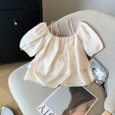 批发实拍 大货 2026夏季新款设计感上衣露肩吊带衬衣短款<b class='q'>娃娃衫</b>上衣女