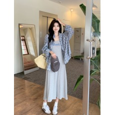 批发实拍新款韩版字母印花修身显瘦吊带裙+格子宽松长袖衬衫大码套装