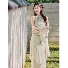 批发实拍 夏季气质挂脖改良旗袍裙开衫两件套绝美显瘦修身<b class='q'>连衣裙</b>套装