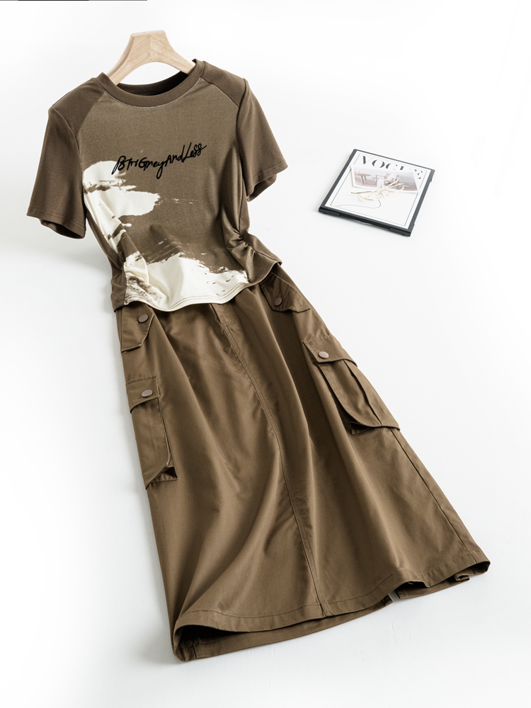 LN41359# 女装夏季新款短袖圆领T恤工装半身裙休闲两件套裙 服裝批發女裝批發服飾貨源
