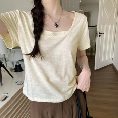 批发实拍图假两件设计感竹节纯棉短袖T恤女夏2024新款正肩短上衣