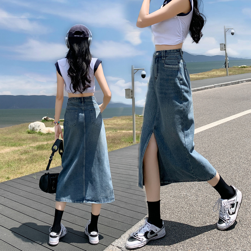 现货复古牛仔半身裙2024年新款夏季中长款遮胯a字开叉包臀裙子女