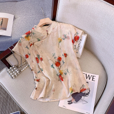 批发新中式碎花<b class='q'>衬衫</b>2026夏季国风斜襟盘扣坎肩小衫改良旗袍领小上衣女