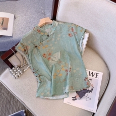 批发新中式国风碎花旗袍领<b class='q'>衬衫</b>女夏季款禅意盘扣立领棉麻飞飞袖小上衣