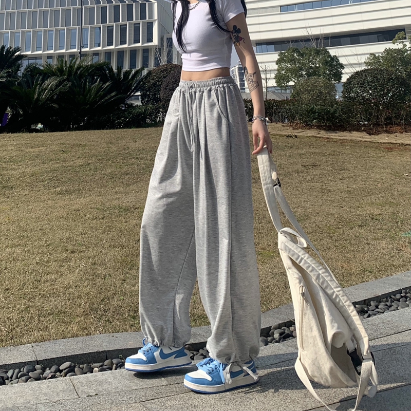 있음 선적 새로운 한국 스타일 여름 조거 웨이 바지 펌프 로프 스트레이트 루즈핏 넓은 다리 배기 바지 캐주얼 긴 바지