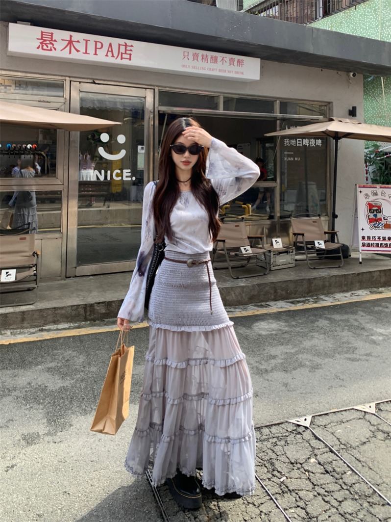 실사 정가 잃어버린 seoul 페이크 레이어드 질감 센스 헤일로 염색 패치워크 드레스 여름 롱 스커트