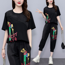 批发实拍 夏季新款套<b class='q'>装</b>女 宽松拼接牛仔印花短袖两件套潮流大码女<b class='q'>装</b>