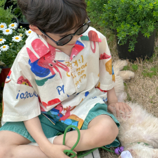 批发<b class='q'>男童</b>花衬<b class='q'>衫</b>短袖<b class='q'>外套</b>夏装2026新款中大童撞色涂鸦儿童休闲宽松上衣