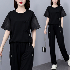 批发实拍 夏季<b class='q'>时尚</b>套装 宽松拼接牛仔中国风短袖长裤显瘦韩版大码女装