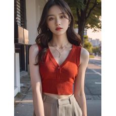 批发外贸原单女装专柜撤回橘红色v领针织无袖背心夏季小个子独特上衣