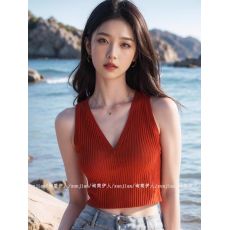 外贸原单女装专柜撤回复古红V领针织吊带背心女夏季独特甜辣上衣