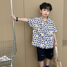批发男童<b class='q'>夏</b>季短袖衬衫2024年新款洋气薄款翻领宝宝上衣潮流中大童衬衣