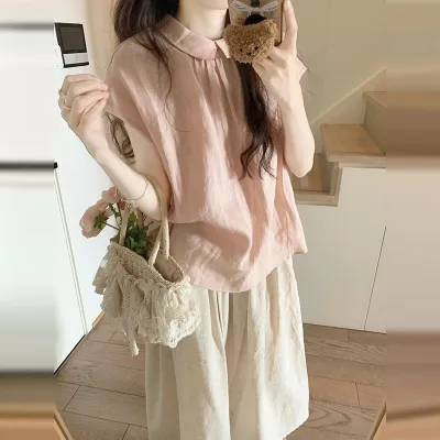 日系粉色雪纺娃娃领小飞袖娃娃衫上衣女夏季薄款设计感小众衬衫夏