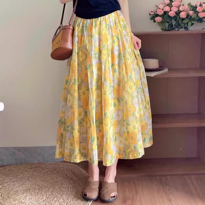 황색 수채화 물감 꽃무늬 면 린넨 반신 스커트 봄 여름 새로운 프랑스식 작은 키 하이웨이스트 중간 길이 A라인 스커트
