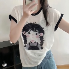 批发今年流行夏季2026可爱麻花辫小女孩短袖T恤拼色圆领宽松减龄上衣