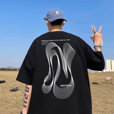 批发官图~200克纯棉大码男女韩版宽松休闲印花T恤夏新款百搭落肩短袖