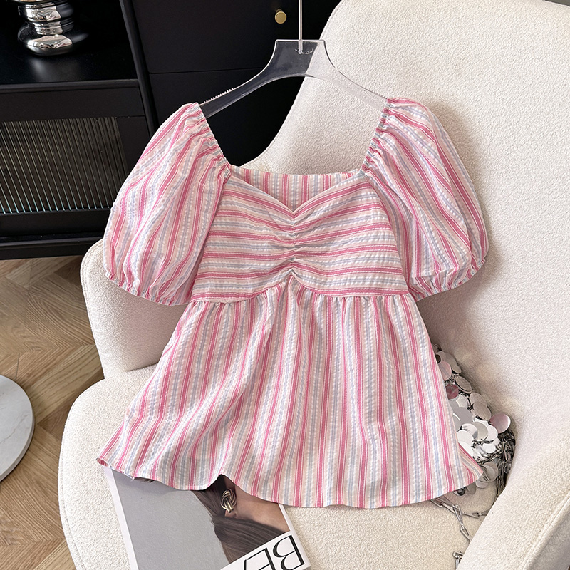PF15006#韩系小清新条纹方领泡泡袖衬衫女小个子娃娃衫夏季棉麻衬衣