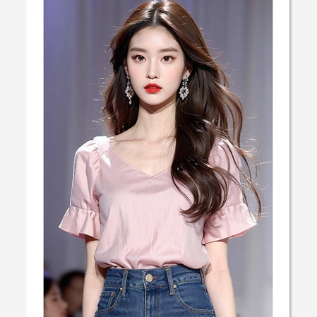 프랑스식 고유 한 작은 맨위 라이트 핑크 V넥 프릴 반팔 셔츠 2026 년 새로운 여성 빛 럭셔리 고급 센스