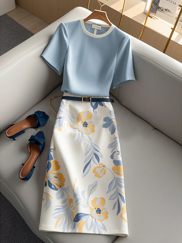 LN41851# 夏季女装时尚套装欧货轻奢高端独特漂亮蓝色上衣印花半身裙两件套服裝批發女裝批發服飾貨源