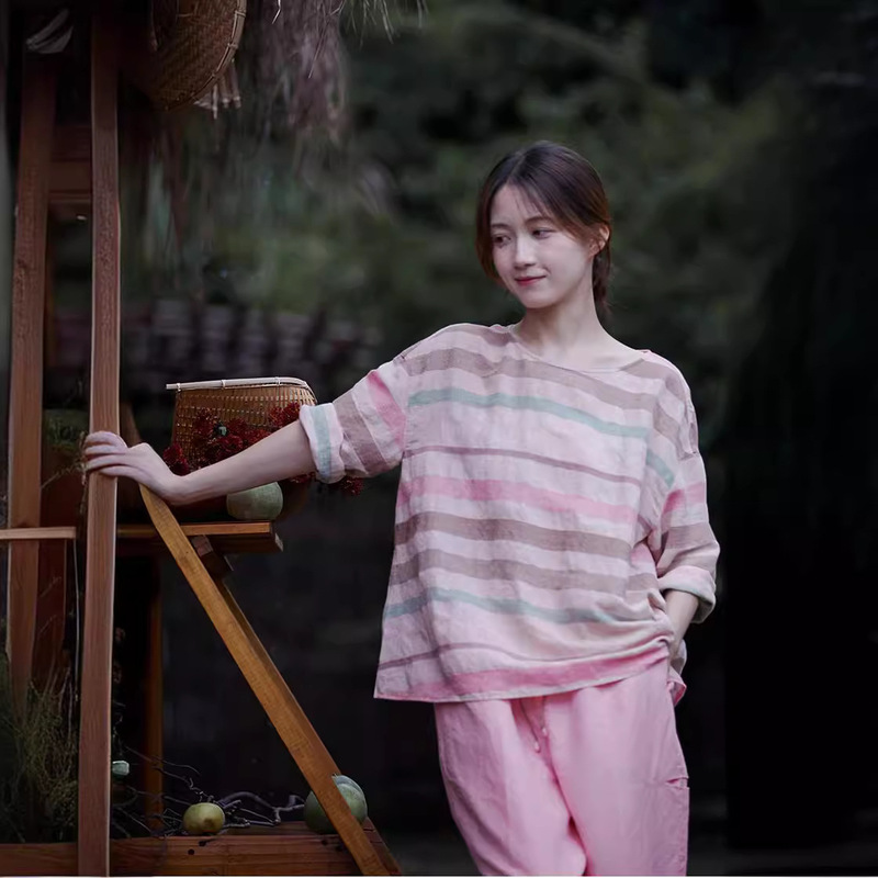 갱신 선적 2025 여름 섹션 유약 핑크색 리넨 면화 가로 줄무늬 문단 라운드 넥 얇고 가벼운 통기성 풀오버 셔츠 티셔츠