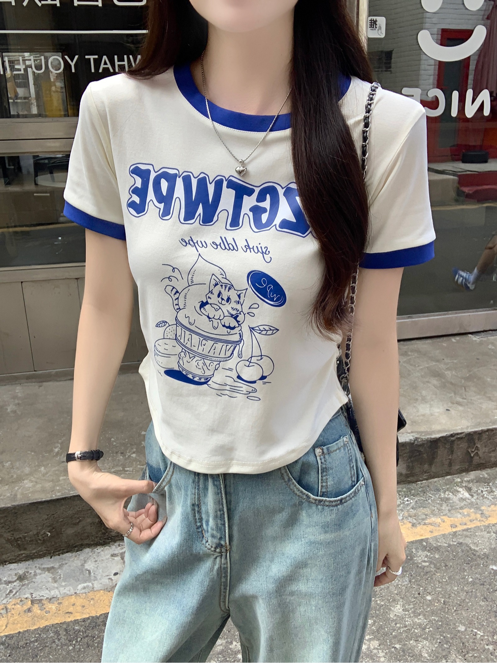 MY2176# 短袖t恤夏2025潮印花正肩修身短款圆领上衣女装女裝貨源服裝批發