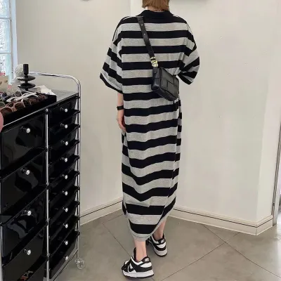 Casual striped lapel short sleeved dress条纹翻领短袖连衣裙女