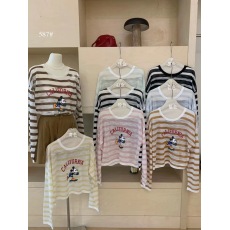 批发夏季新款竹节麻防晒长袖条纹<b class='q'>T</b><b class='q'>恤</b><b class='q'>米奇</b>卡通印花圆领透气百搭上衣