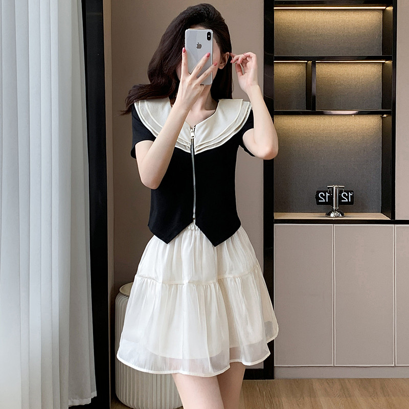 PF16545# 夏季法式气质两件套设计感荷叶边拉链小衫上衣半身裙套装女裝貨源服裝批發