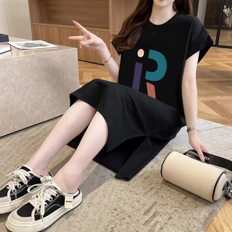 MY655# 外贸原版夏季中长款开叉T恤连衣裙女包臀韩版大码宽松短袖裙子女裝貨源服裝批發