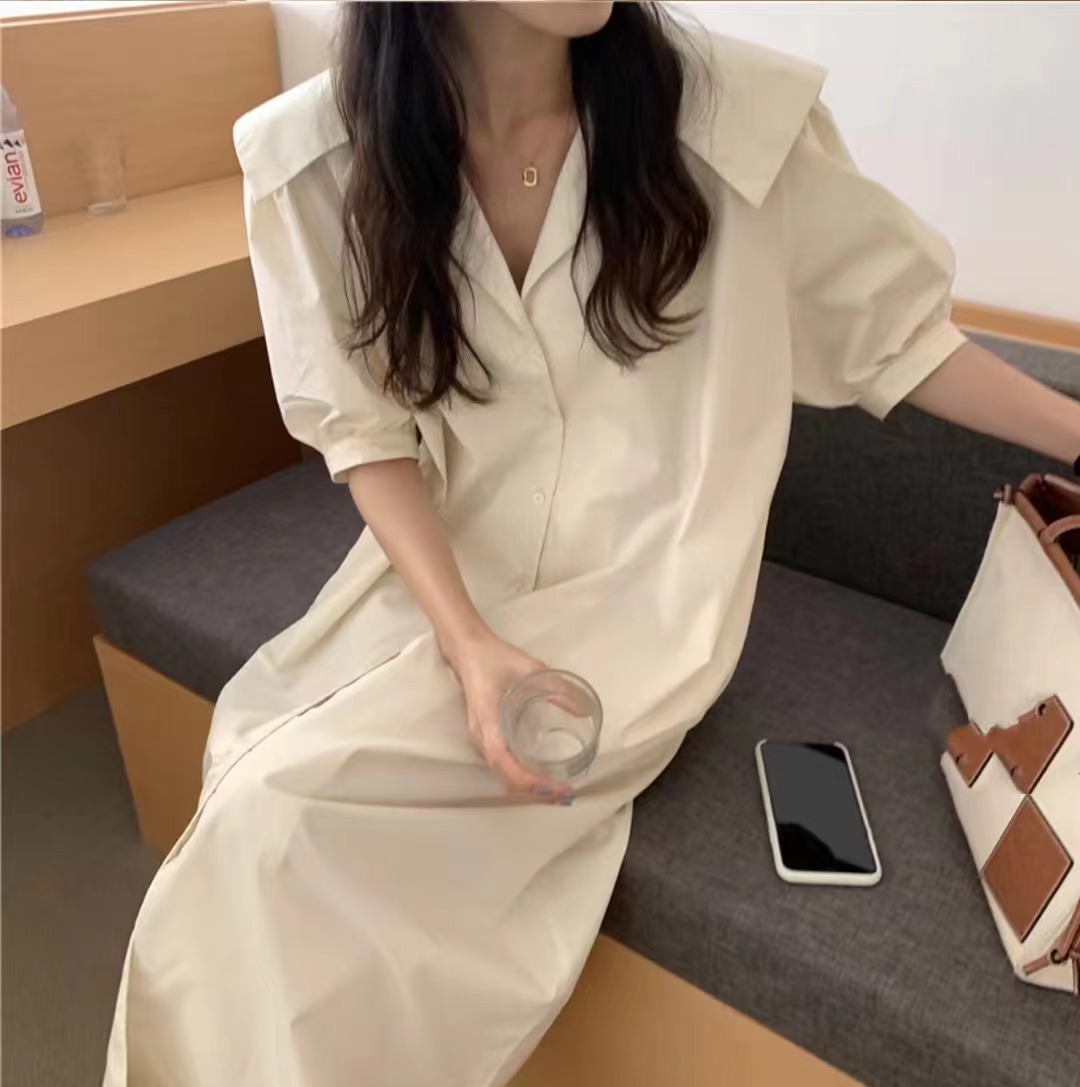 한국 chic 빅 칼라 루즈핏 캐주얼 싱글 줄 버튼 벌룬 소매 롱 코트 여성 드레스