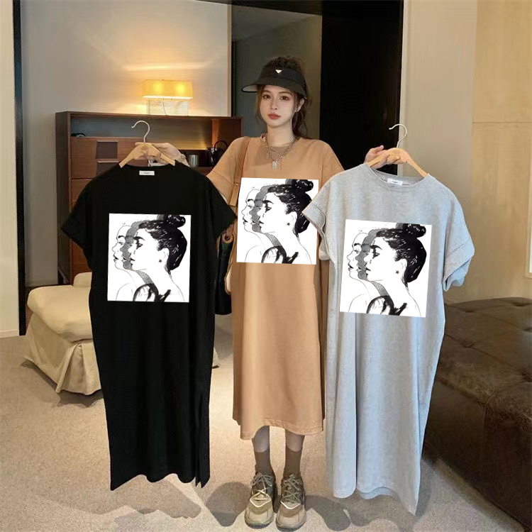 MY653#夏季中长款开叉T恤连衣裙女包臀韩版大码宽松短袖裙子女裝貨源服裝批發