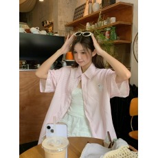 批发实价夏季条纹卡通刺绣衬衫女短袖2026设计感小众别致polo领上衣