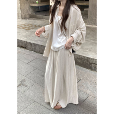 批发实拍 慵懒松弛感纯色亚麻休闲套装背心上衣高腰裙三件套
