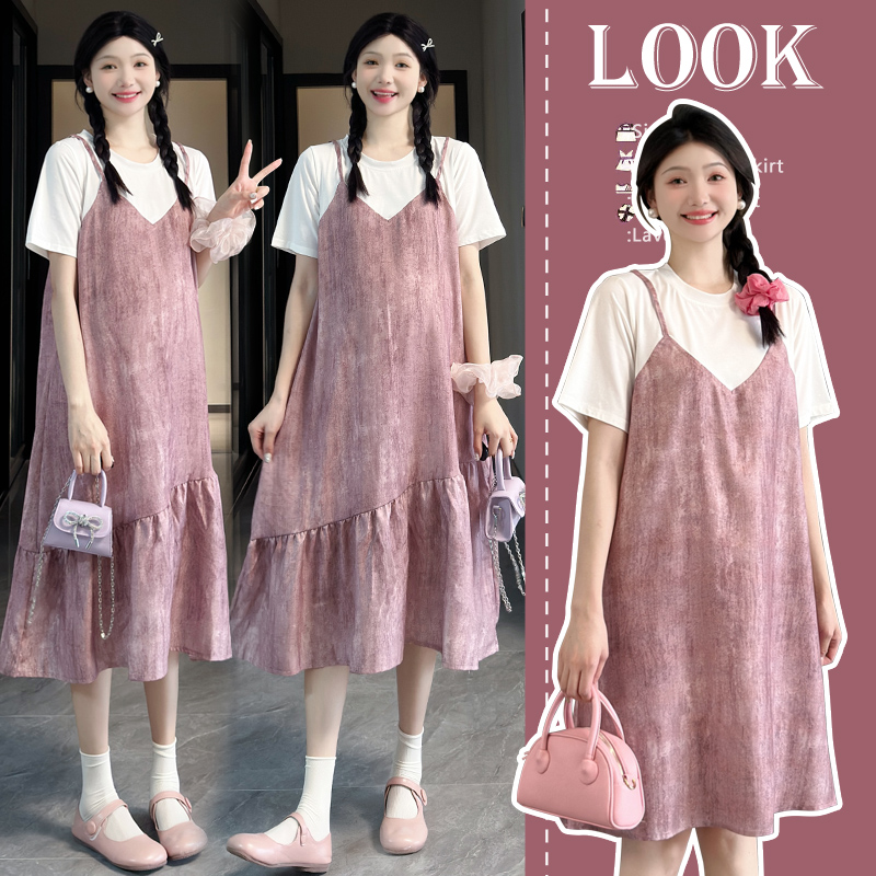 실사 여름 새로운 출산 착용 여름 드레스 치마 외국 가스 슬림해 보이는 얇은 스타일 패치워크 페이크 레이어드 슬림해 보이는 드레스