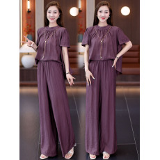 批发紫色高级感时尚欧货<b class='q'>雪纺</b>套装女2025夏季新款宽松阔腿裤遮肉两件套