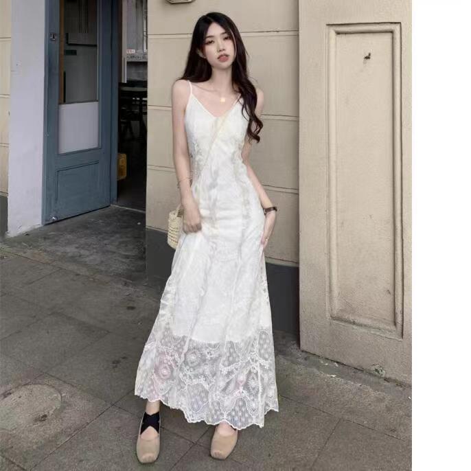 해변가 휴가 V 칼라 레이스 슬링 여성 드레스 2024 새로운 봄 캄파넬라 세과 프랑스어 기질 요정 롱 스커트