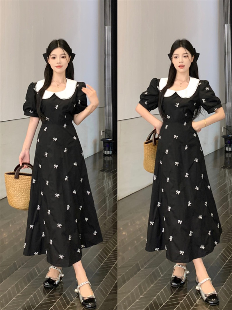 MY8408# 大码法式泡泡袖娃娃领连衣裙夏季甜美气质收腰显瘦黑色长裙女裝貨源服裝批發