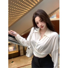 批发实价实拍缎面v领<b class='q'>雪纺</b><b class='q'>衫</b>宽松长袖翻领抽绳衬衫性感马蹄高腰西装裤